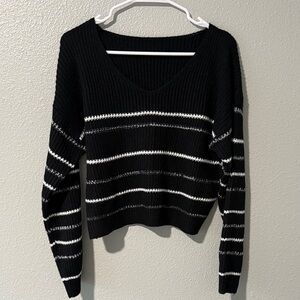 SHEIN Striped V-Neck Sweater in Black and White